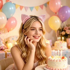 Serre-tête oreilles de chat à paillettes roses détail, parfait pour fête d'anniversaire et cosplay.