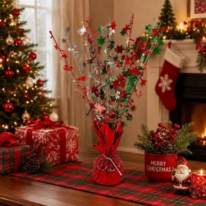 Weihnachtssterne Tischdeko rot silber grün Lametta Zweige Partyzubehör Tischdekoration