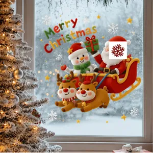 Christmas window stickers detail showing Santa Claus, snowman and reindeers on glass.