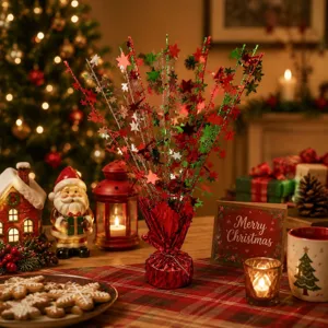 Weihnachtssterne Lametta Tischdeko Detailansicht, rot gruen silber festliche Partydekoration.