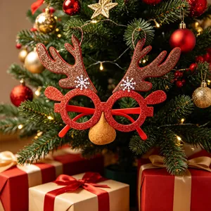 Occhiali di Natale con corna di renna, montatura glitterata e simpatica decorazione per naso.