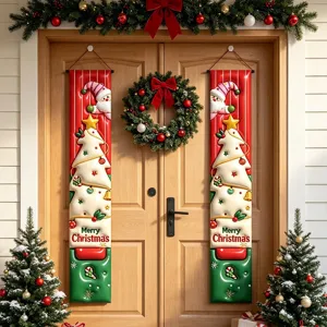 Dettaglio banner natalizio da appendere, stampa 3D Babbo Natale e albero per decorazione festa.