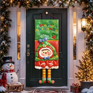 Detalle de banner colgante de Navidad, decoración de puerta de árbol de dibujos animados.