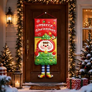 Detalle de cartel colgante de Navidad, decoración de personaje de árbol 3D para la puerta.