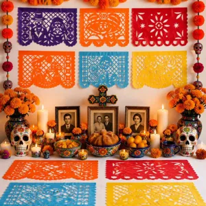 Detail van de kleurrijke papel picado banner voor Dia de los Muertos met schedels en bloemen.