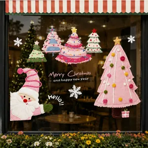 Christmas window stickers cute cartoon Santa Claus and felt trees glass decor for holiday.