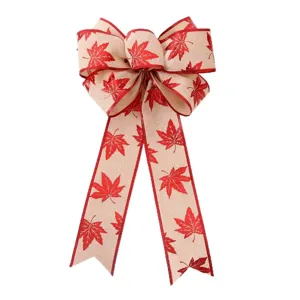 Fiocco in juta cachi con stampa foglia d'acero glitterata rossa, perfetto per albero di Natale.