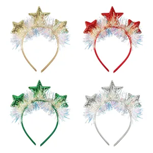 Detailed view of colorful star tinsel headbands, perfect for holiday party decoration.