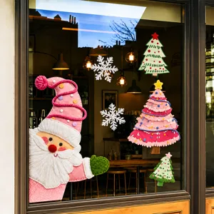 Christmas window stickers, pink Santa Claus and cute trees glass decals for holiday home decor.