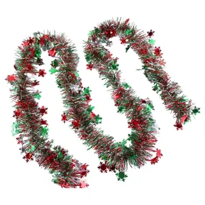 Christmas tinsel garland detail shot, 2m thickened red green silver tinsel with snowflake decor.