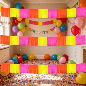 Colorful neon fringe curtain detail for party background decoration, vibrant tinsel streamers.