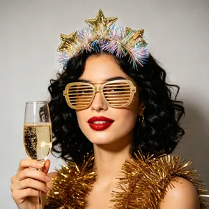 Gold star party headband and tinsel hair hoop with festive shutter glasses for new year.