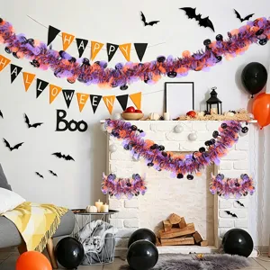 Halloween Pumpkin Tinsel Garland Black Orange Purple Ribbon Hanging Streamer Tinsel Banner Festive Party Venue Decoration Props