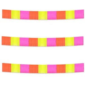 Neon fringe banner garland detail view, vibrant fluorescent party backdrop decor.