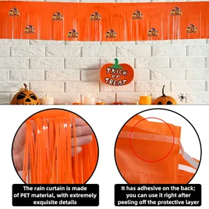 Rideau à franges en aluminium orange Halloween fond de fête décoration avec autocollants citrouille.