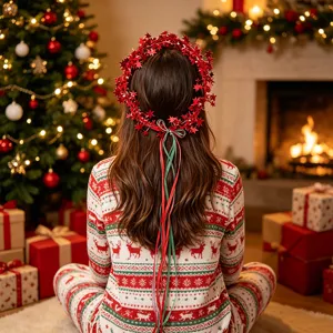 Diadema de estrella de Navidad guirlanda roja y verde con cintas accesorio de foto festiva