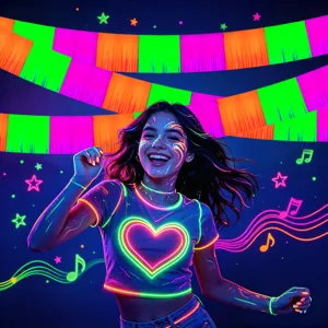 Fluorescent fringe curtain party background banner, vibrant neon colors for night events.
