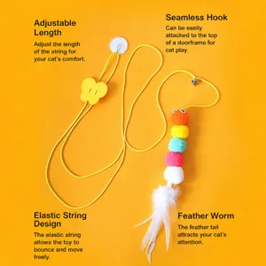 Hanging door cat toy with elastic rope, adjustable buckle, and cute caterpillar feather teaser.