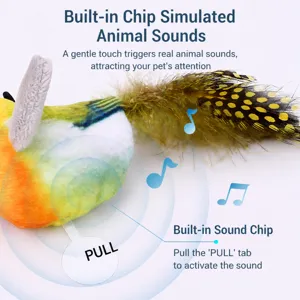 Interactive touch-activated bird cat toy with realistic sound and feathers for pet fun.