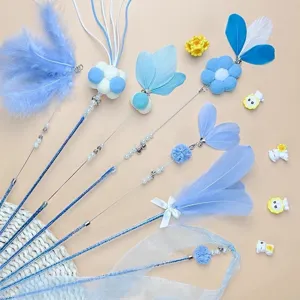 Set de varita teaser para gatos con pluma azul juguete interactivo para mascotas