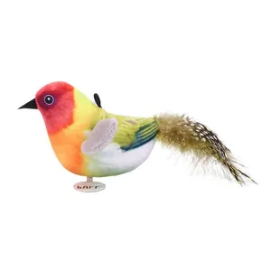 Interactive plush bird pet toy with realistic feathers and sound for cats and dogs play.