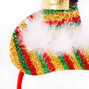Christmas headband with red green gold stripes, glitter and white faux feather decoration.