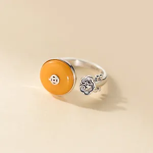 Retro 999 sterling silver amber coin ruyi ring, niche design vintage jewelry for women.