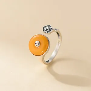 Vintage 999 Sterling Silver Open Ring with Amber Coin Ruyi Motif Elegant Ethnic Jewelry