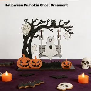 Halloween wooden ghost swing ornament, cute desktop decoration for holiday party setup.