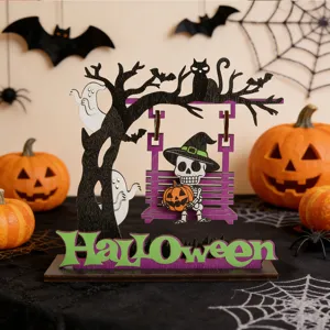 Halloween wooden tabletop decoration with cute skeleton, pumpkin and ghost swing design.