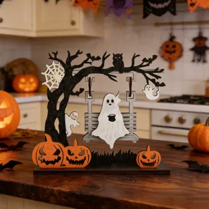 Halloween wooden desktop ornament featuring a cute ghost swinging on a tree with carved pumpkin decor.