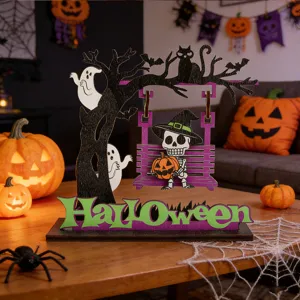 Halloween wooden swing skeleton pumpkin ghost tabletop decoration holiday display ornament