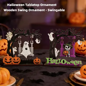 Halloween wooden swing ornament tabletop decor featuring cute ghost and skeleton designs.