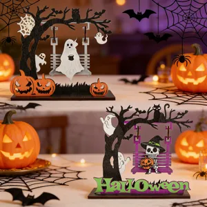 Halloween wooden swing ornament detail showing cute ghost and skeleton with pumpkin decor.