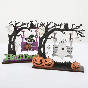 Halloween wooden decoration ornament with skeleton ghost and pumpkin swing for desktop decor.