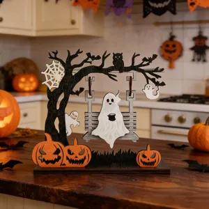 Halloween wooden swing ghost pumpkin desktop decoration, festive creative party ornament.