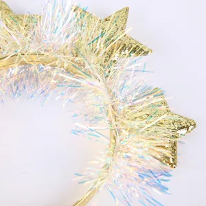 Gold star tinsel headband for new year party, shiny iridescent fringe hair hoop accessory.