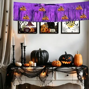Rideau a franges en aluminium violet pour fete d'Halloween decor d'arriere-plan citrouille.