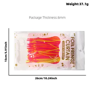 Detail view of fluorescent fringe curtain packaging, showing dimensions, thickness and weight.
