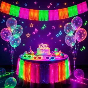 Fluorescent fringe curtain party background decoration set with colorful balloons and cake.