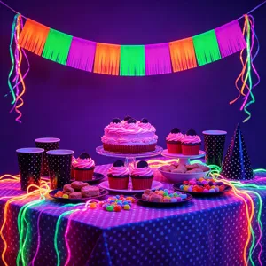 Neon party banner decoration detail shot showing vibrant colors and festive atmosphere.