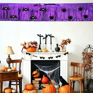 Halloween rideau guirlande frange violette avec chauve souris araignees fete decor.