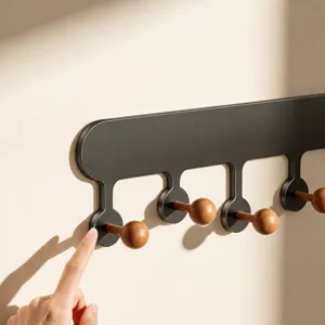 Modern retro wall coat hook, punch-free door back metal wood rack for entryway key storage.