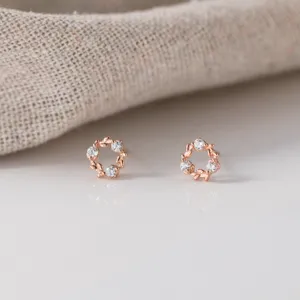 925 Sterling Silver Floral Wreath Stud Earrings For Women Small Rhinestone Garland Earring Dainty Nature Jewelry Gift