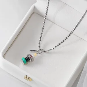 S925 sterling silver beaded chain necklace featuring multi-color stone pendant in white box.