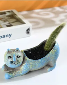 Cute cat ceramic flower pot creative desktop succulent green plant cactus flowerpot detail