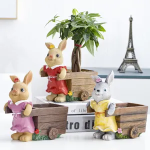 Cute Cartoon Rabbit Resin Flower Pot Creative Pushcart Animal Planter Bunny Plant Pot For Garden Yard Home Decor