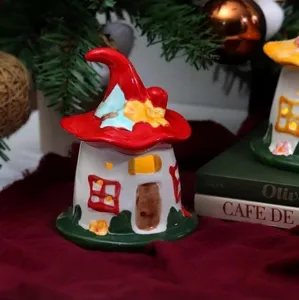 Ceramic magic mushroom house night light detail view, festive holiday tabletop decor gift.