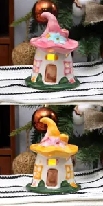 Ceramic mushroom house night light, cute wizard cottage table lamp, cozy room decor gift for girls.