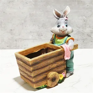 Resin cartoon rabbit planter detail view, cute animal flower pot for garden and home decor.